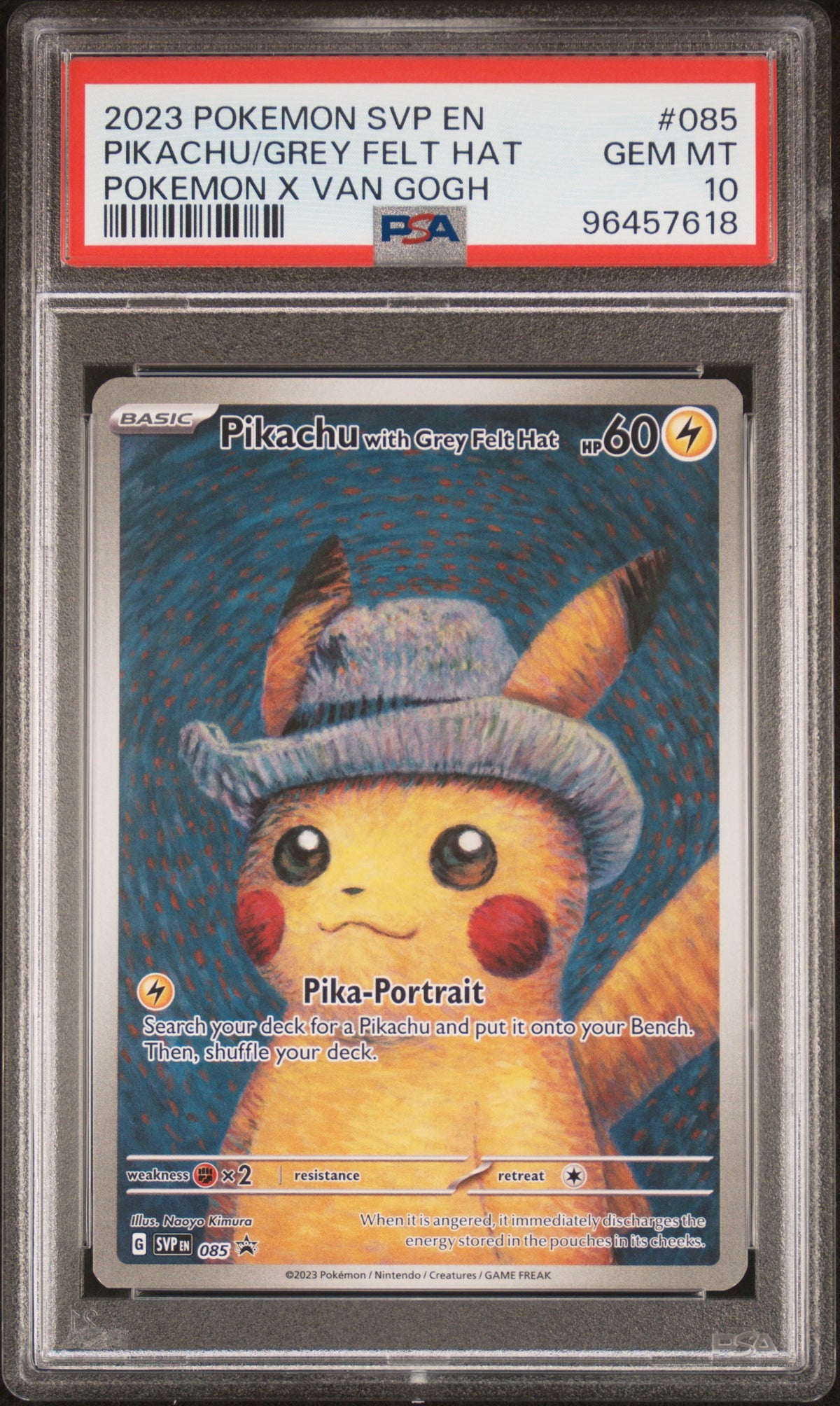 2023 PIKACHU/GREY FELT HAT #085 PSA 10 (front)