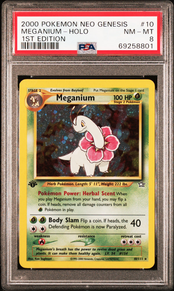 2000 MEGANIUM-HOLO #10 1st Edition PSA 8 (front)