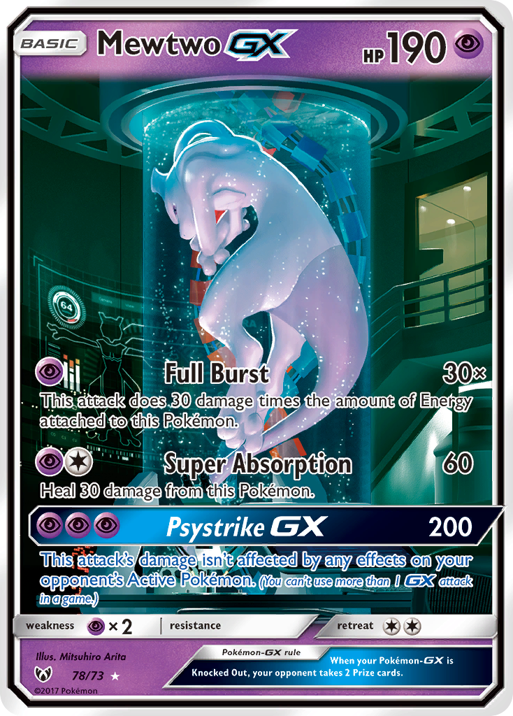 2017 Mewtwo-GX #78 PSA 9 (stock image — not the actual card)
