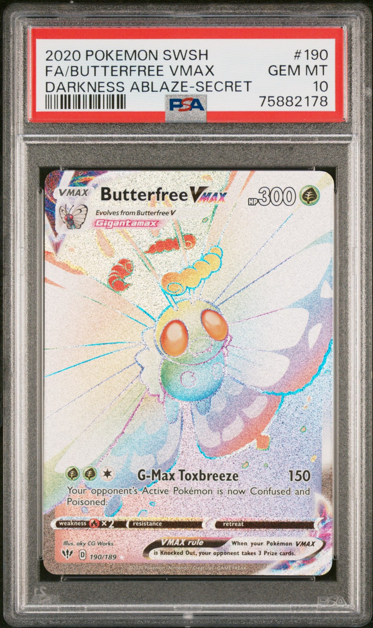 2020 FA/BUTTERFREE VMAX #190 Darkness Ablaze-Secret PSA 10 (front)