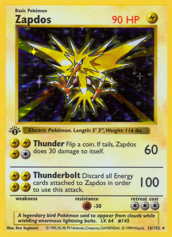 1999 ZAPDOS-HOLO #16 PSA 9 (stock image — not the actual card)