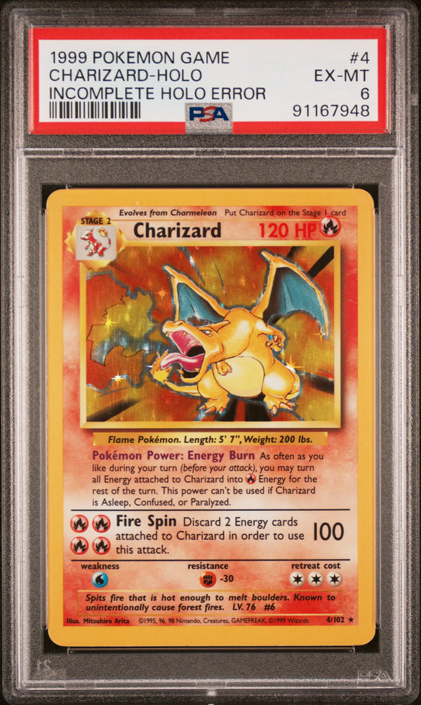 1999 CHARIZARD-HOLO #4 Incomplete Holo PSA 6 (front)