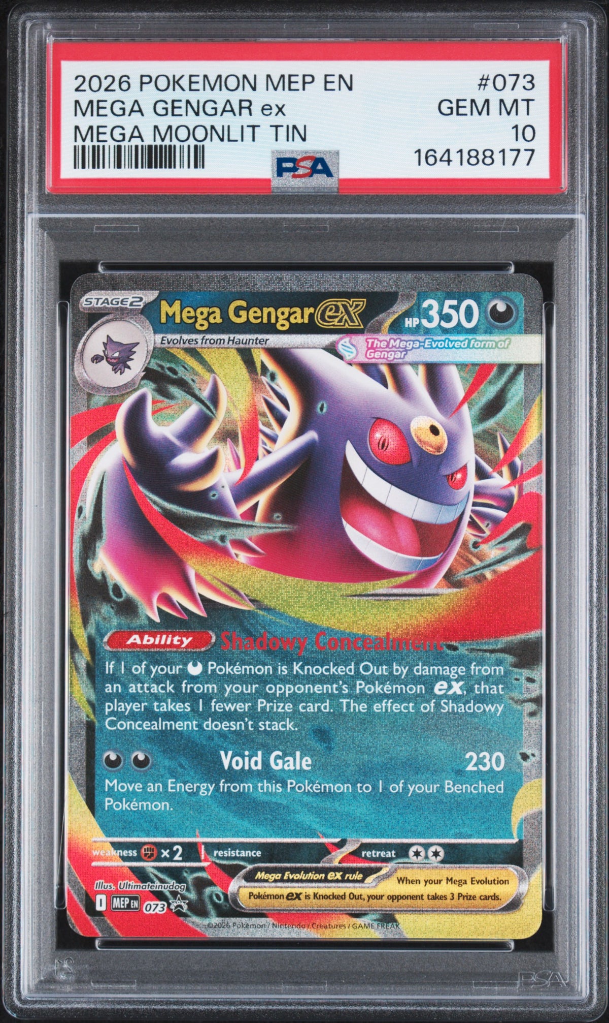 2026 MEGA GENGAR ex #073 Mega Moonlit Tin PSA 10 (front)