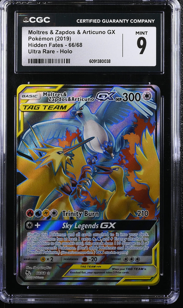 2019 Moltres & Zapdos & Articuno GX #66/68 Ultra Rare Holo CGC 9 (front)
