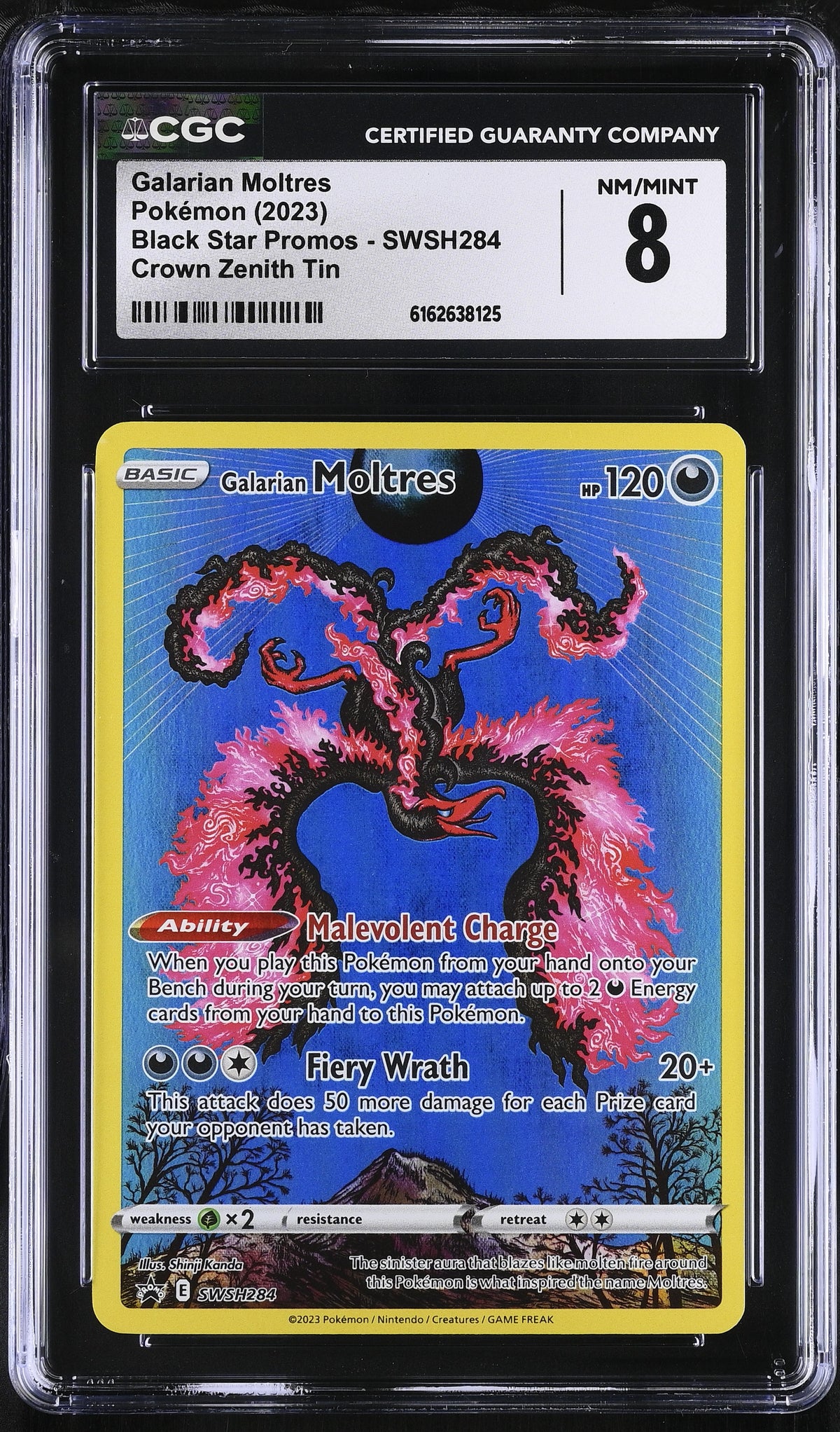 2023 Galarian Moltres #SWSH284 Crown Zenith Tin CGC 8 (front)