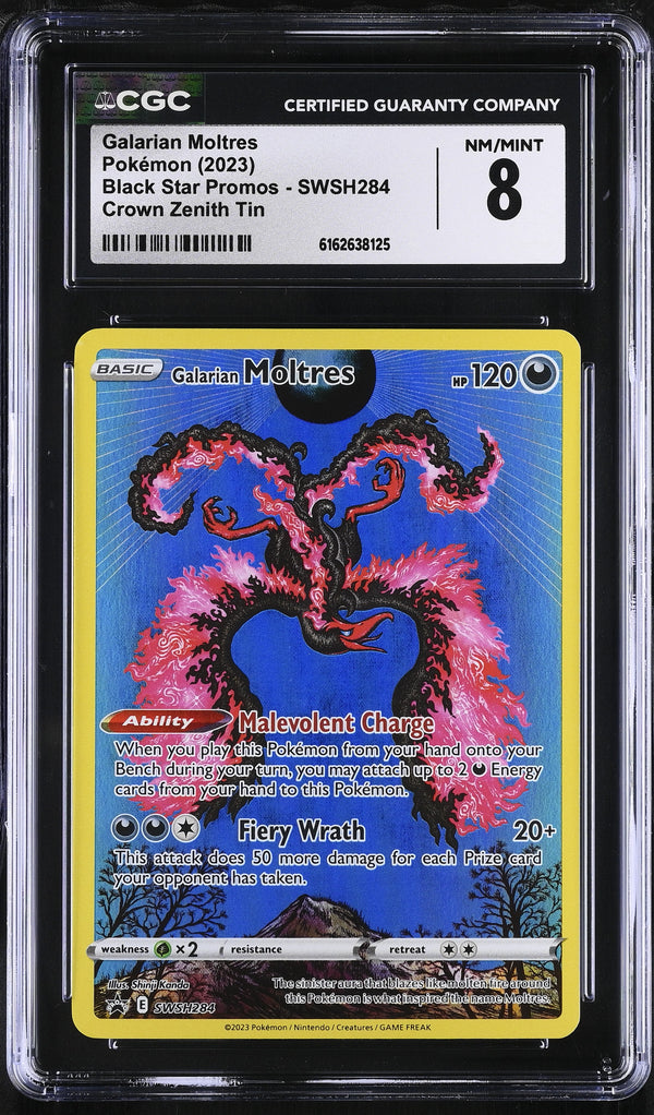 2023 Galarian Moltres #SWSH284 Crown Zenith Tin CGC 8 (front)