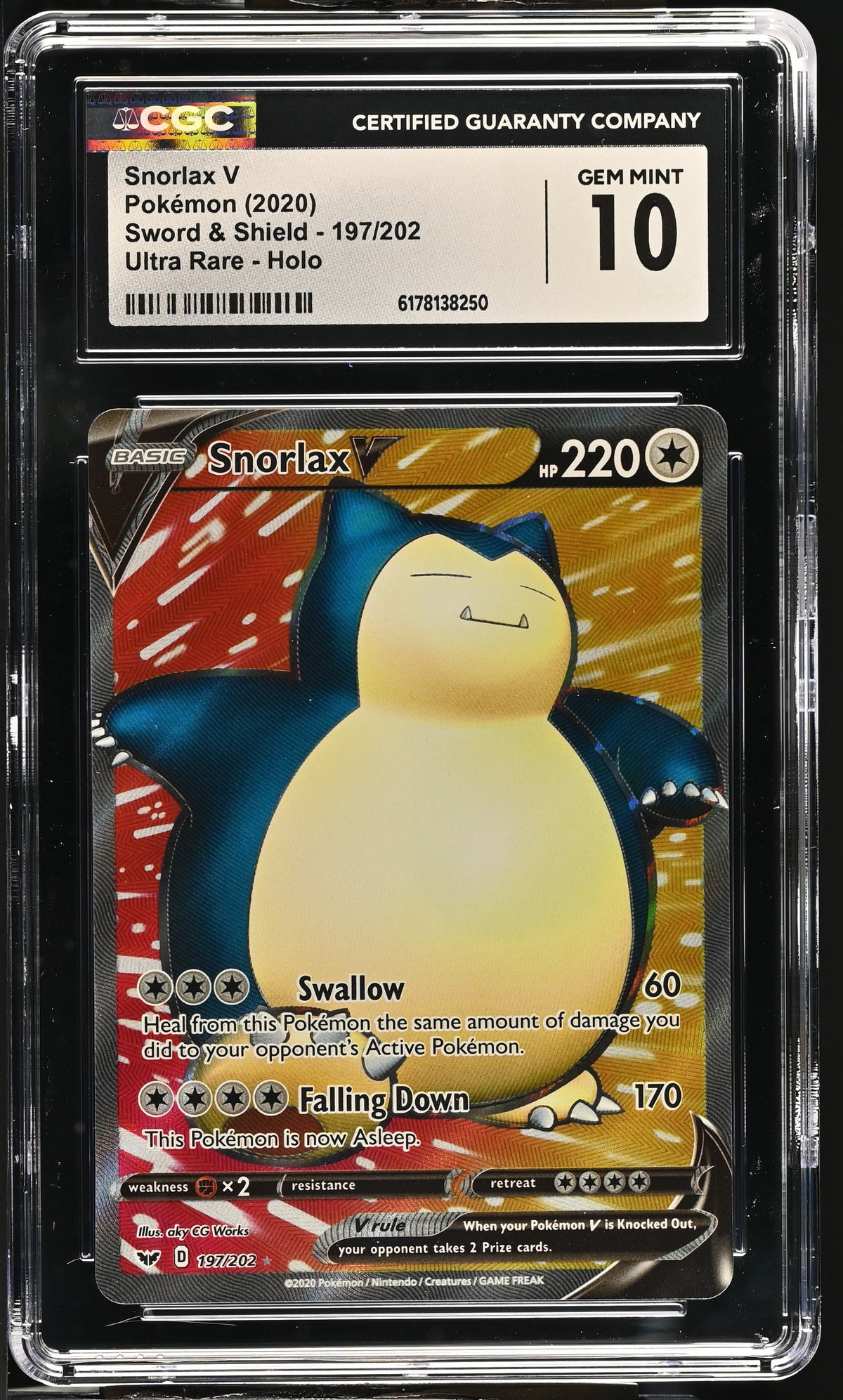 2020 Snorlax V #197/202 Ultra Rare Holo CGC Gem Mint 10 (front)