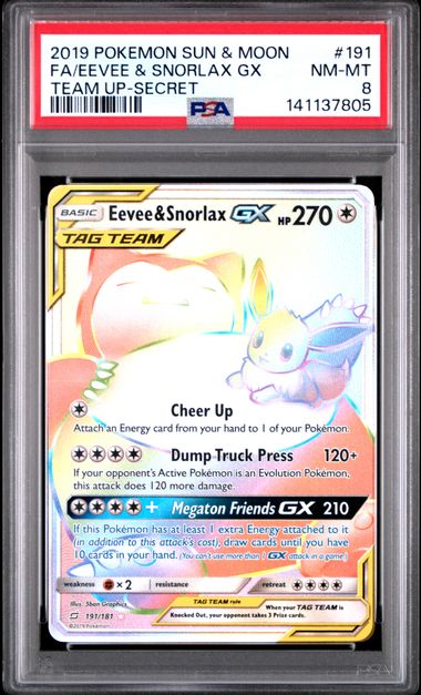 2019 FA/EEVEE & SNORLAX GX #191 PSA 8 (front)