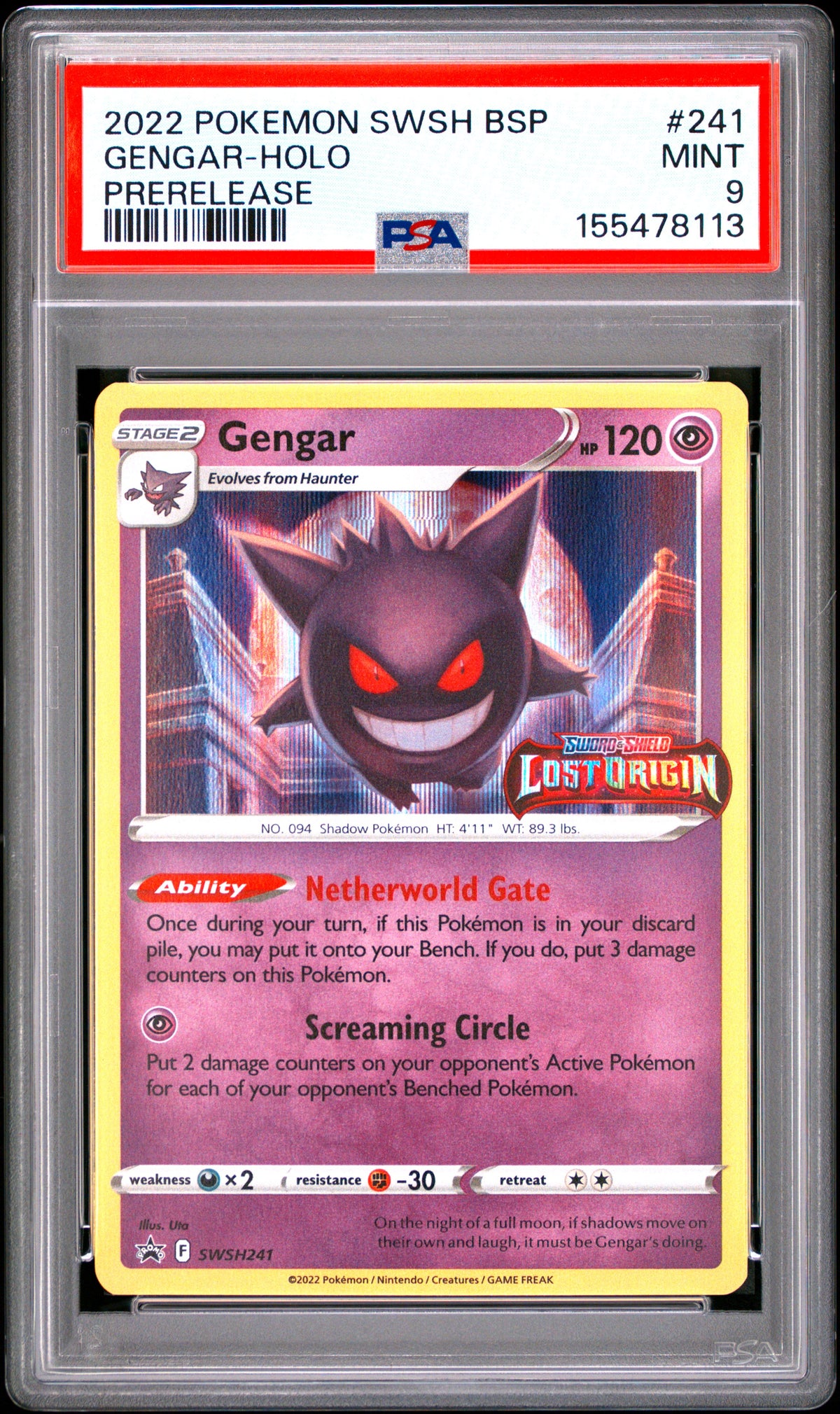 2022 GENGAR-HOLO #241 Prerelease PSA 9 (front)