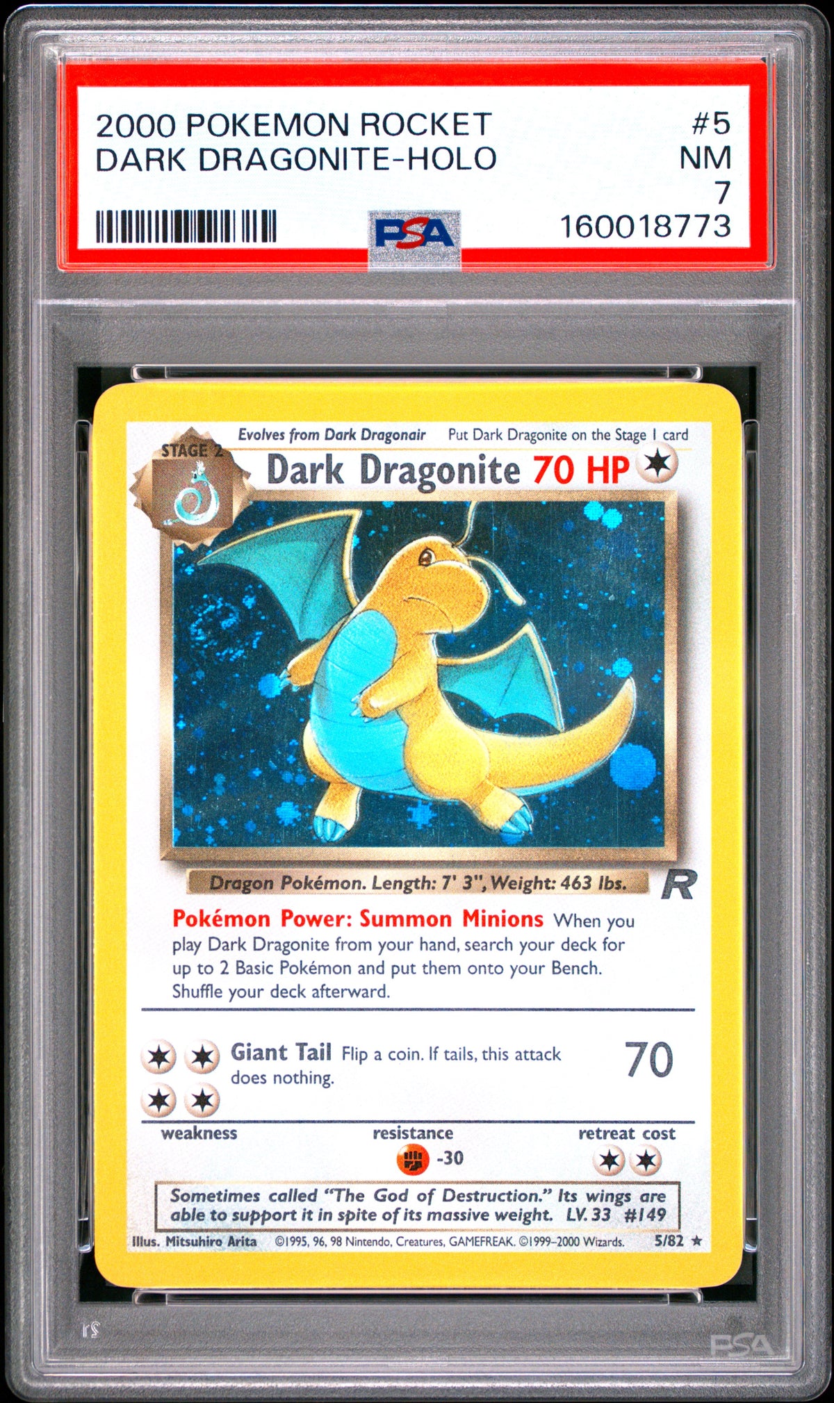 2000 DARK DRAGONITE-HOLO #5 PSA 7 Swirl (front)