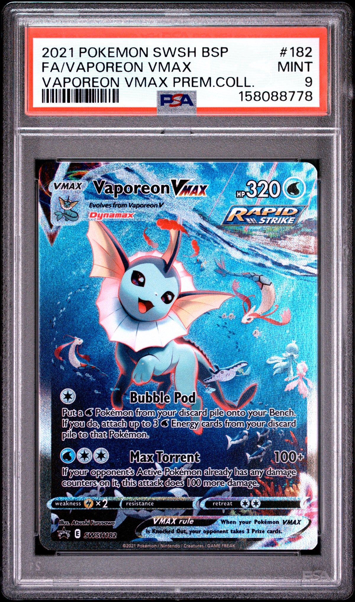 2021 FA/VAPOREON VMAX #182 PSA 9 (front)