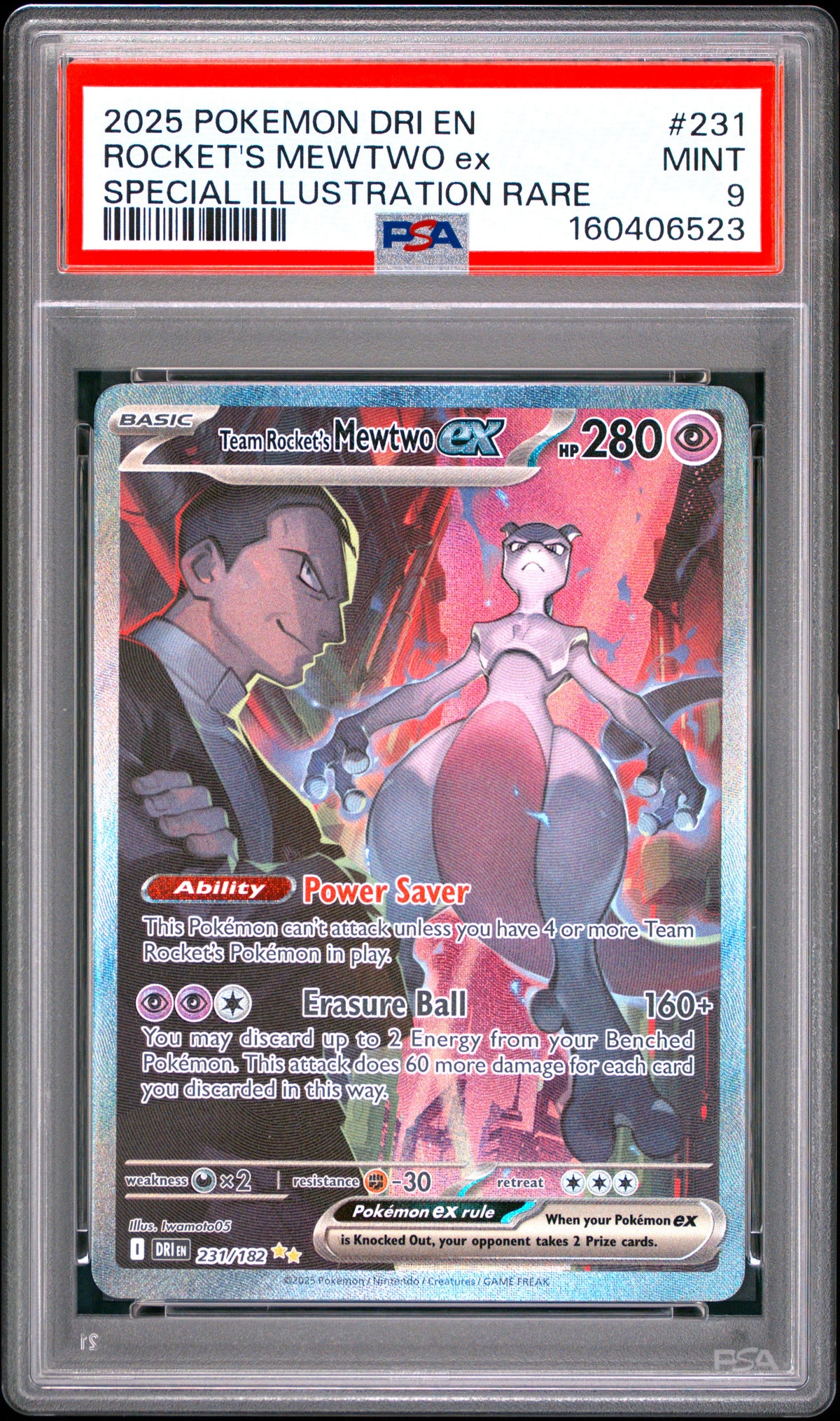 2025 ROCKET'S MEWTWO ex #231 Special Illustration Rare PSA 9 (front)