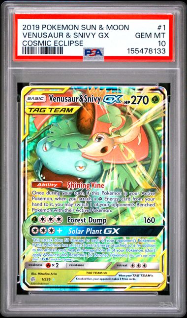 2019 VENUSAUR & SNIVY GX #1 PSA 10 (front)