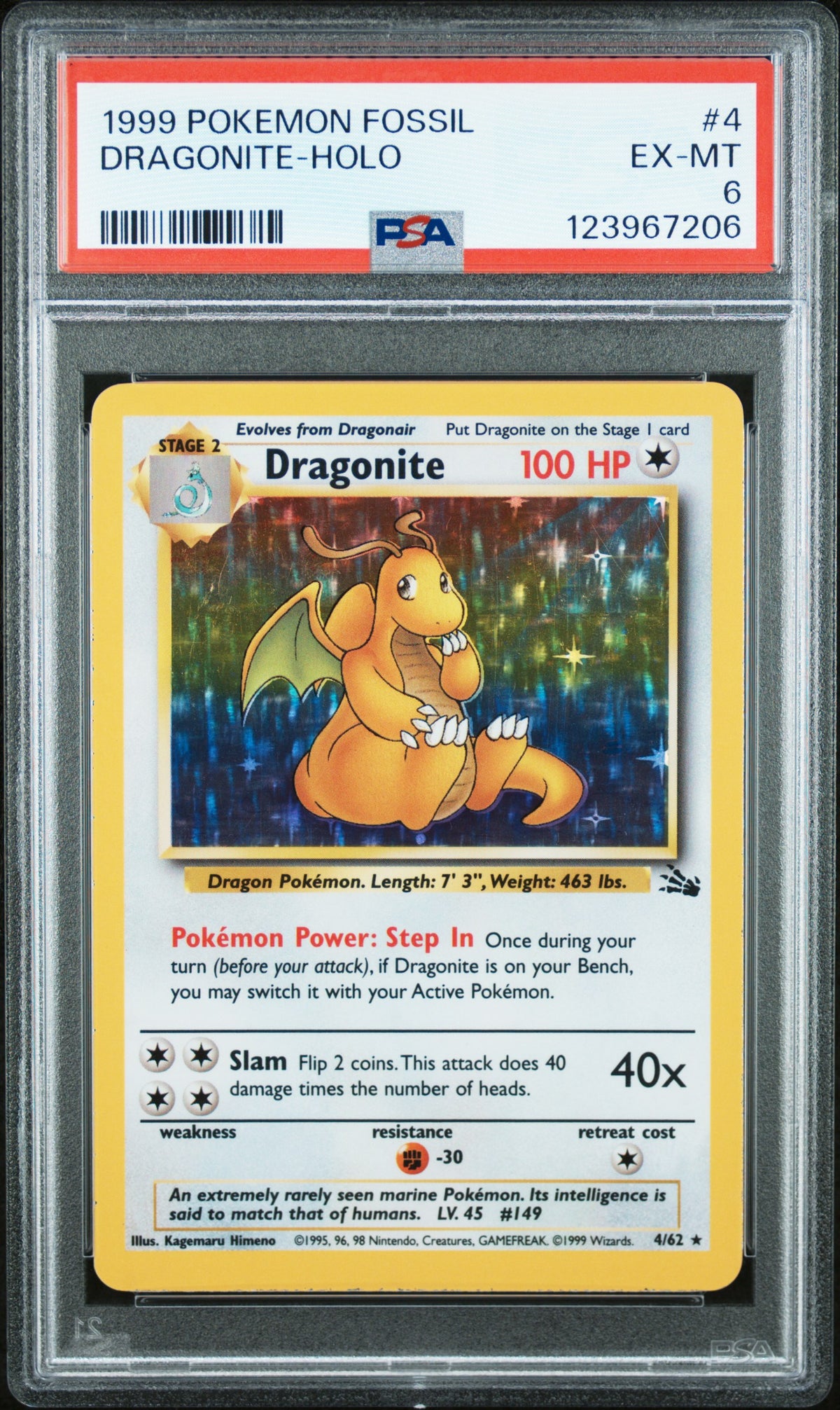 1999 DRAGONITE-HOLO #4 PSA 6 (front)