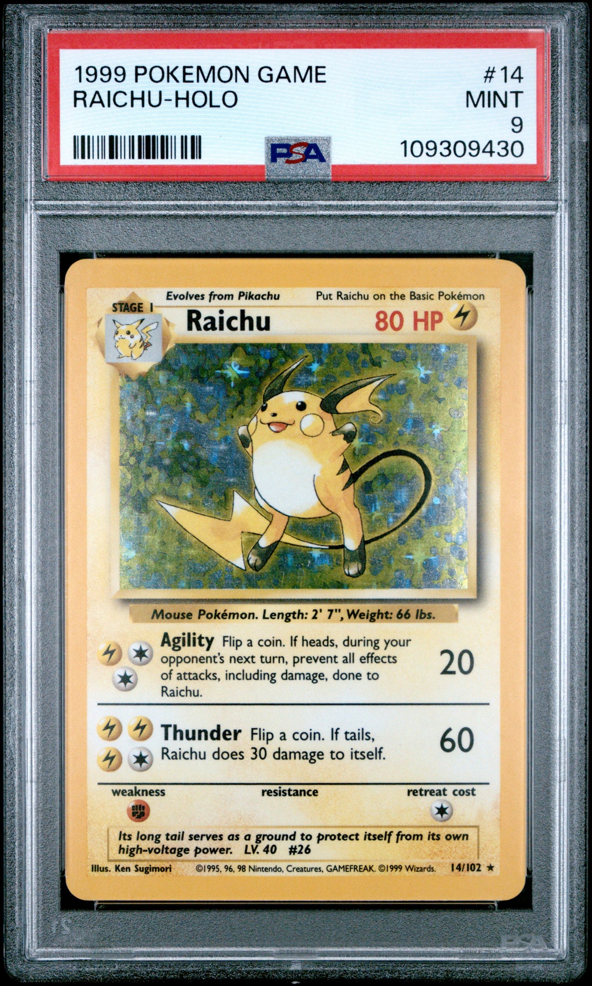1999 RAICHU-HOLO #14 PSA 9 (front)