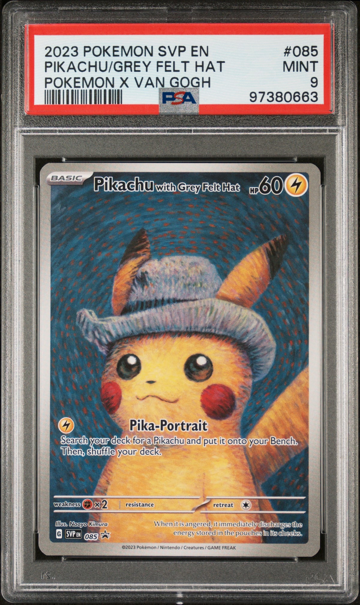 2023 PIKACHU/GREY FELT HAT #085 Pokemon X Van Gogh PSA 9 (front)