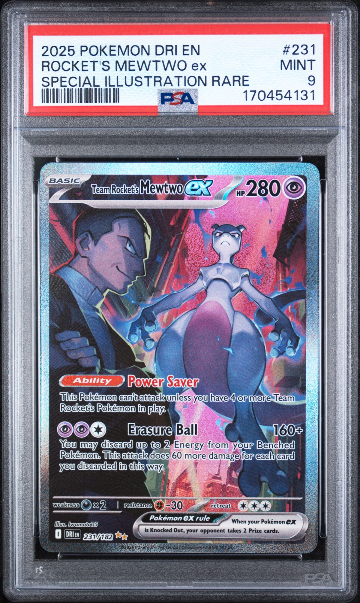 2025 ROCKET'S MEWTWO ex #231 Special Illustration Rare PSA 9 (front)