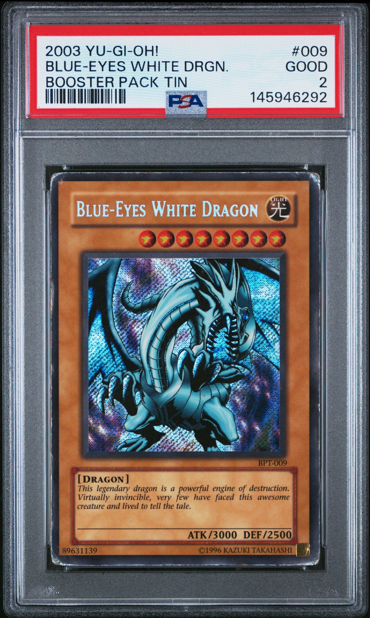 2003 BLUE-EYES WHITE DRGN. #009 Booster Pack Tin PSA 2 (front)