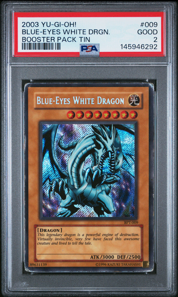 2003 BLUE-EYES WHITE DRGN. #009 Booster Pack Tin PSA 2 (front)