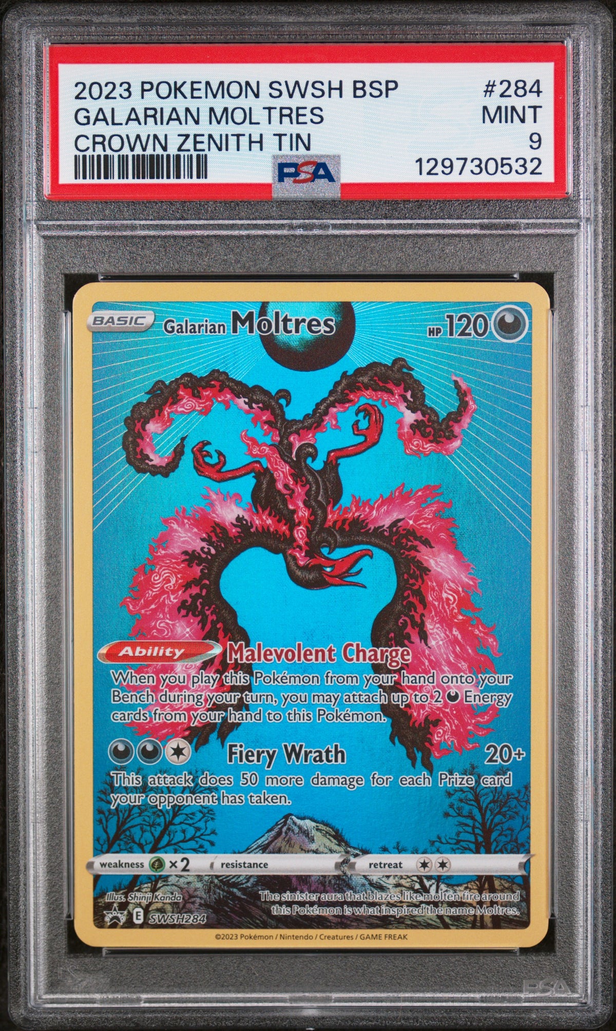 2023 GALARIAN MOLTRES #284 Crown Zenith Tin PSA 9 (front)