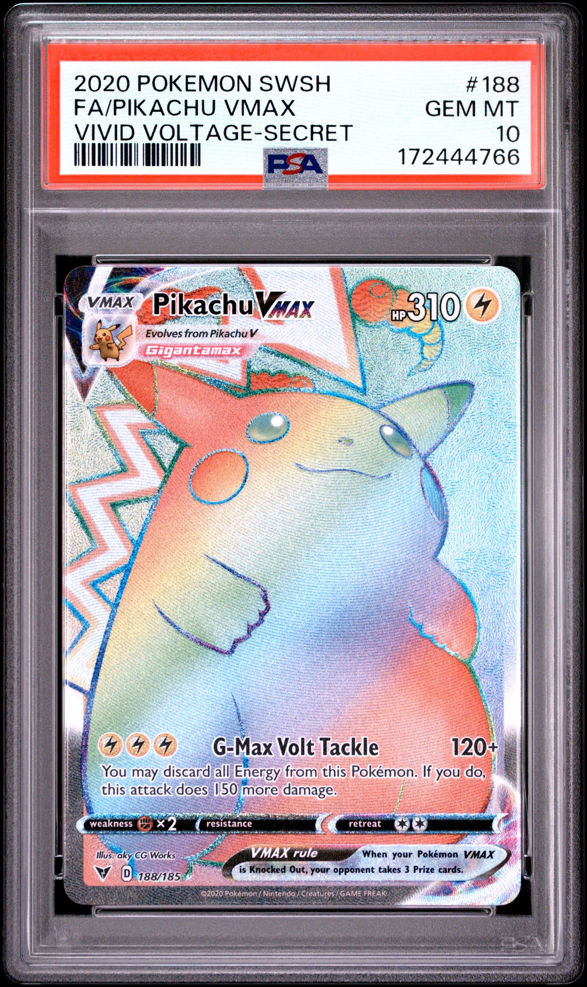2020 FA/PIKACHU VMAX #188 Vivid Voltage-Secret PSA 10 (front)